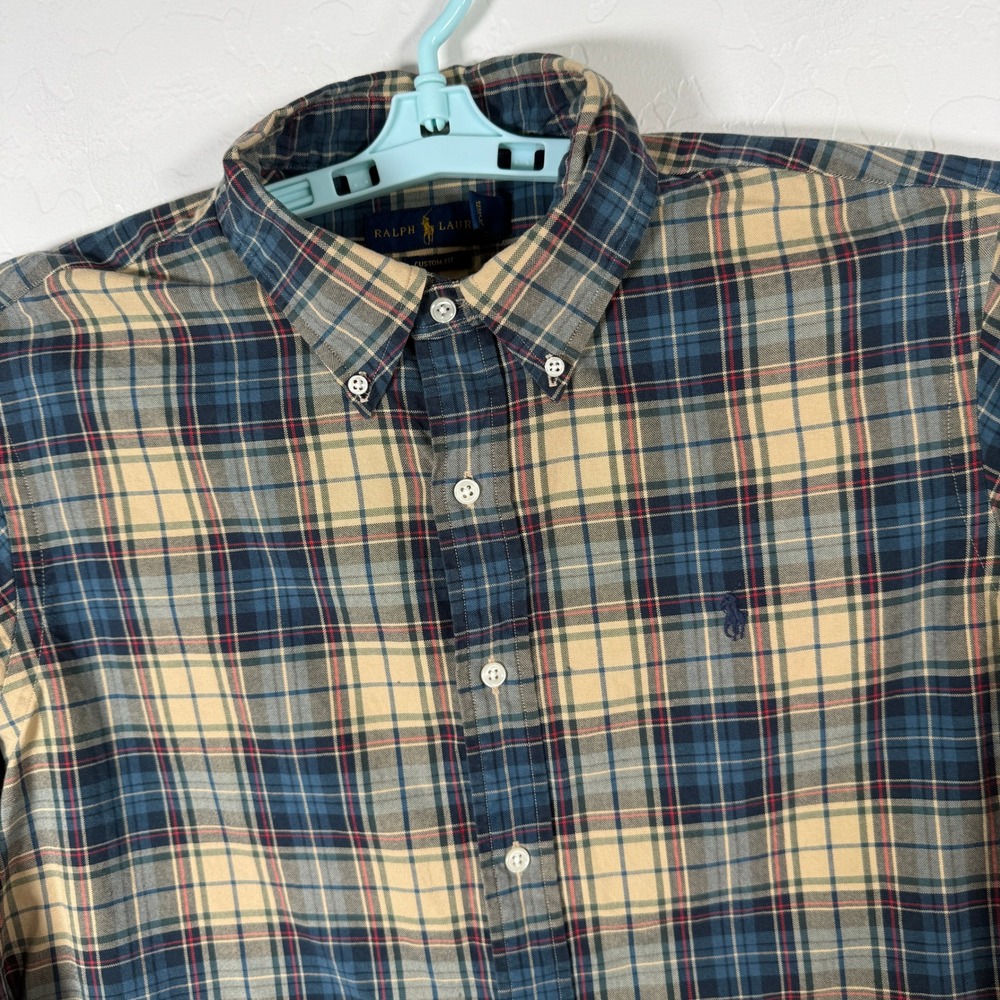 Ralph Lauren Button Down Shirt Mens Large Tan Blue Plaid Oxford Long Sleeve